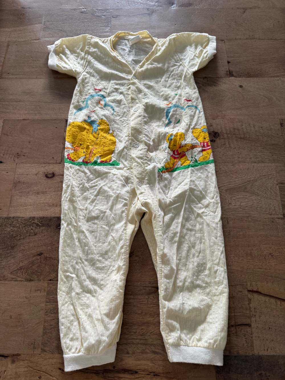 Vtg Cream Baby Romper with Yellow stripes Elephant Bear Print made in Canada